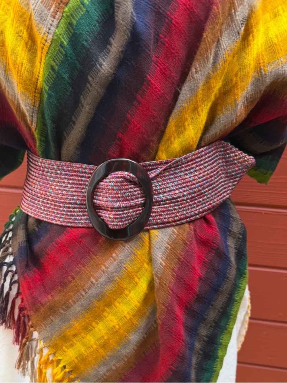 Vintage Multicolor Woven Belt with Tortoiseshell Ring Buckle